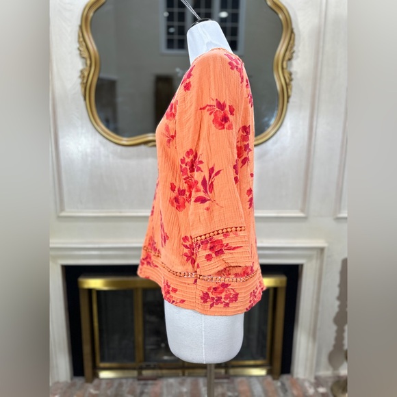 Soft Surroundings Floral Tunic  M Coral Peach Boho Crinkle Cotton Gauze 3/4 slv - Picture 5 of 10